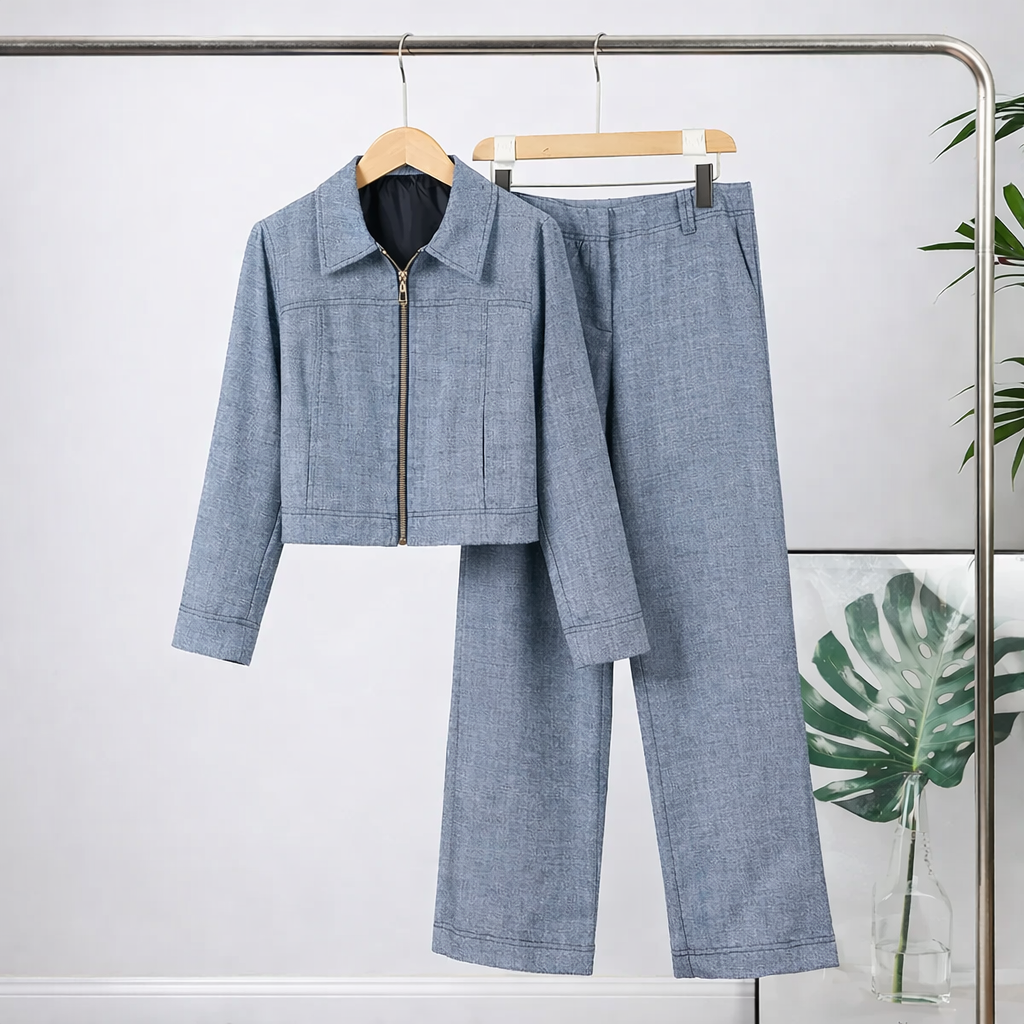 Avslappnat Tvådelat Set för Dam i Bomull & Linne – Kort Topp med Krage och Dragkedja samt Raka Byxor, Vår 2026