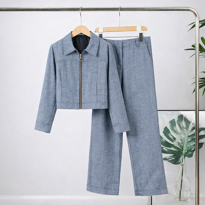 Avslappnat Tvådelat Set för Dam i Bomull & Linne – Kort Topp med Krage och Dragkedja samt Raka Byxor, Vår 2026