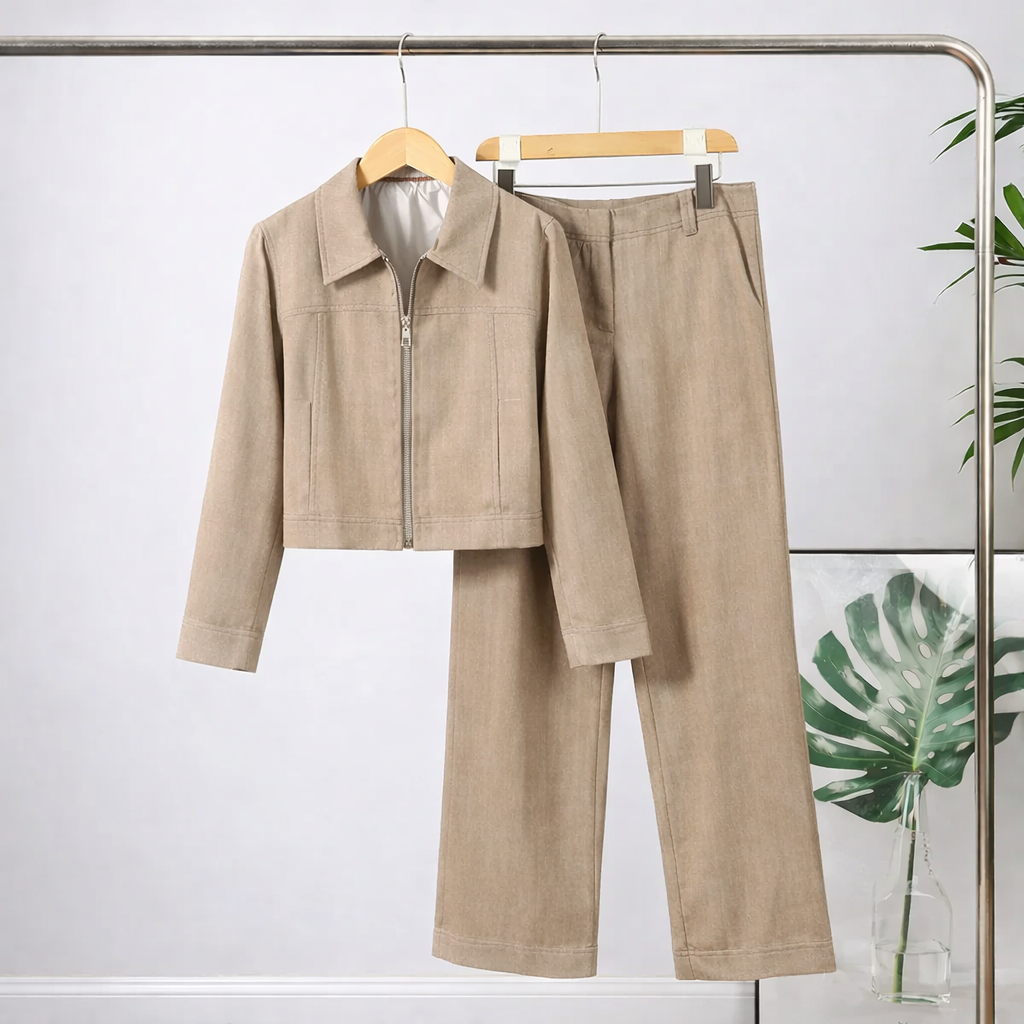 Avslappnat Tvådelat Set för Dam i Bomull & Linne – Kort Topp med Krage och Dragkedja samt Raka Byxor, Vår 2026